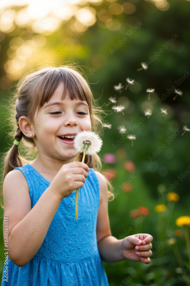 Laughing girl blowing a dandelion and making a wish in a summer meadow. Happy child playing with a flower in a sunny park. Laughing girl blowing a dandelion and making a wish in a summer meadow. Happy child playing with a flower in a sunny park.