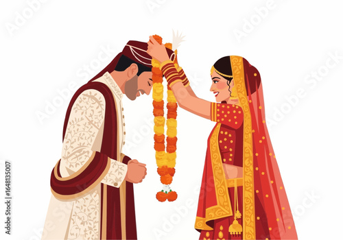 Indian Wedding Ceremony Bride and Groom Exchanging Garlands in Traditional Attire