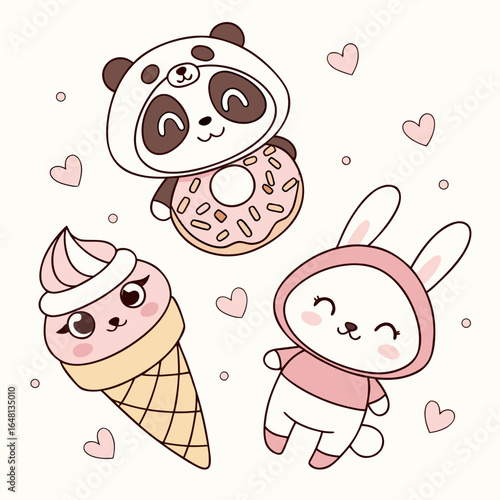 Cute panda with donut, bunny and ice cream cone cartoon characters on white background, kawaii animals and sweets for kids