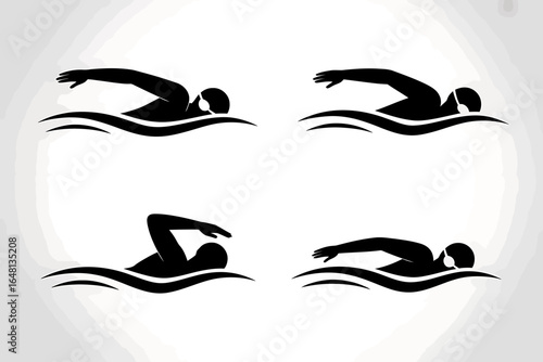 Swimmer Silhouette in Various Strokes Water Sports Competition Aquatic Exercise Health and Wellness Four Images
