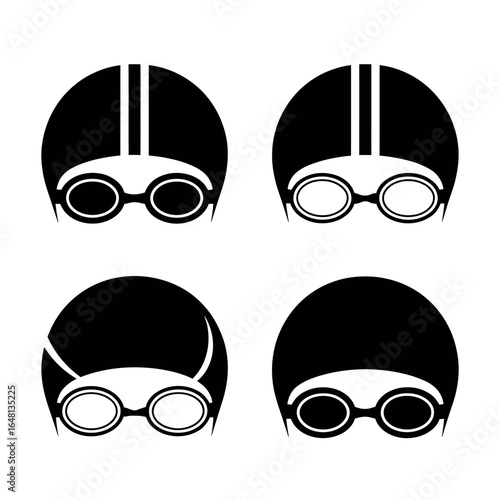 Black and White Swimmer Icons with Swim Caps and Goggles Isolated on a White Background Design Elements for Aquatic Sports