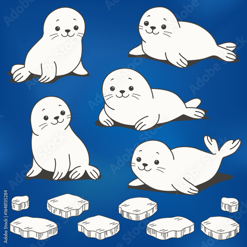 Vector set of cute white baby seals in various poses with floating arctic ice floes on deep blue ocean background simple minimal polar animal design for winter decoration illustration isolated marine 