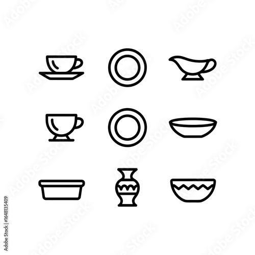 Collection of Outline Style Kitchenware and Tableware Icons for Design and Illustration Purposes