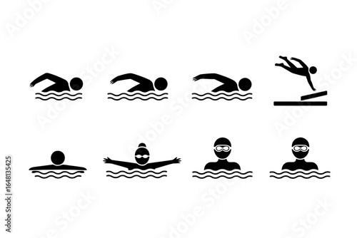 Swimming strokes and diving icon set for sports recreation or competition illustration of different swimming styles and skills for athletes and fitness enthusiasts