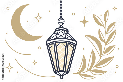 Elegant Ramadan Lantern with Crescent Moon, Stars, and Olive Branch for Festive Celebrations