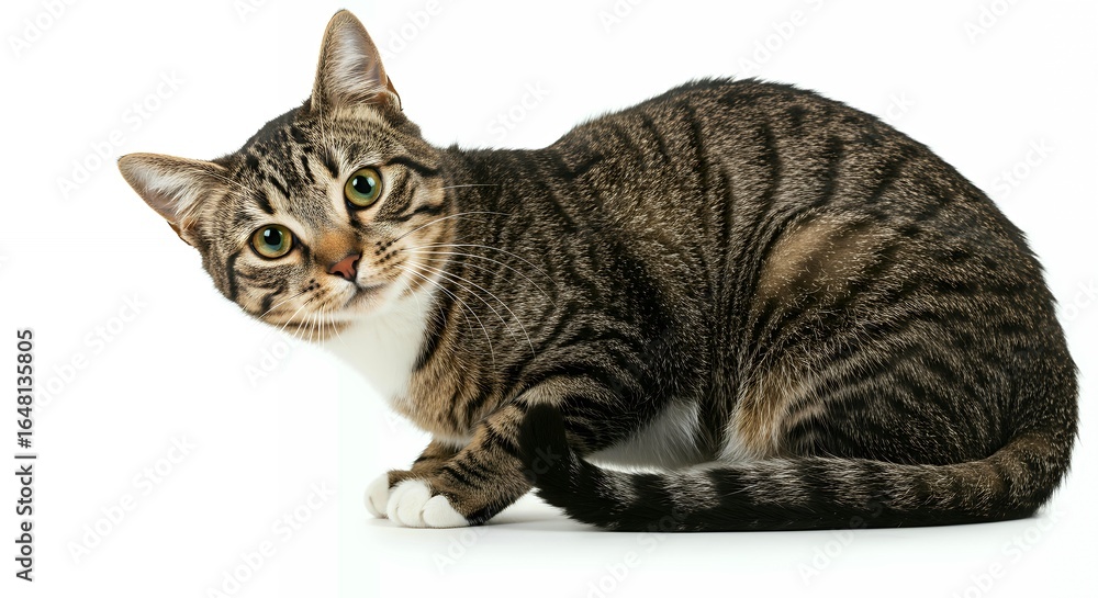 Fototapeta premium Brown tabby cat lying down sideways relaxed pose with head tilted on white background studio pet photography for commercial marketing