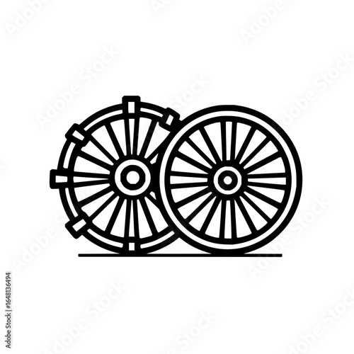 Two old fashioned wheels with spokes and rims are shown in a black and white illustration