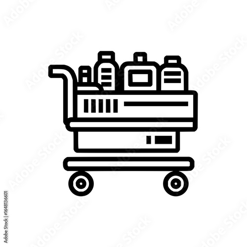 Cleaning cart with supplies and bottles for hotel or hospital with wheels and handle design is here