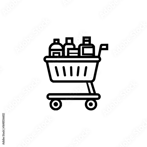 Shopping cart full of products icon representing retail purchase and consumerism with simple line art design 100