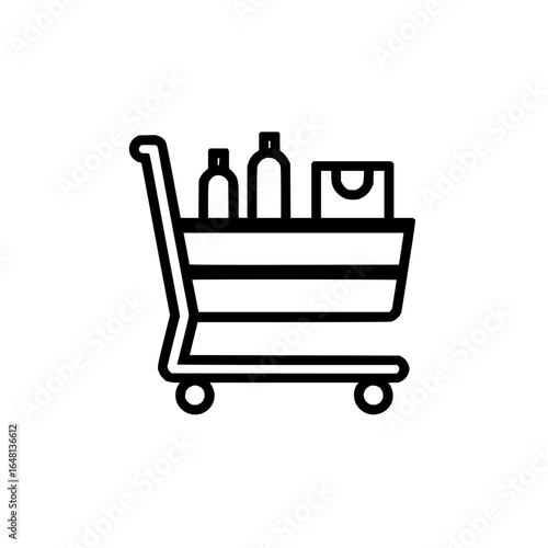 Shopping cart full of groceries vector illustration in black and white outline style for design needs