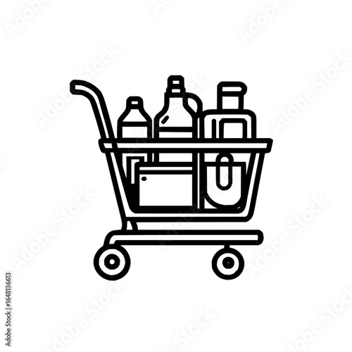 Shopping cart full of groceries and household items in a simple black and white line drawing style