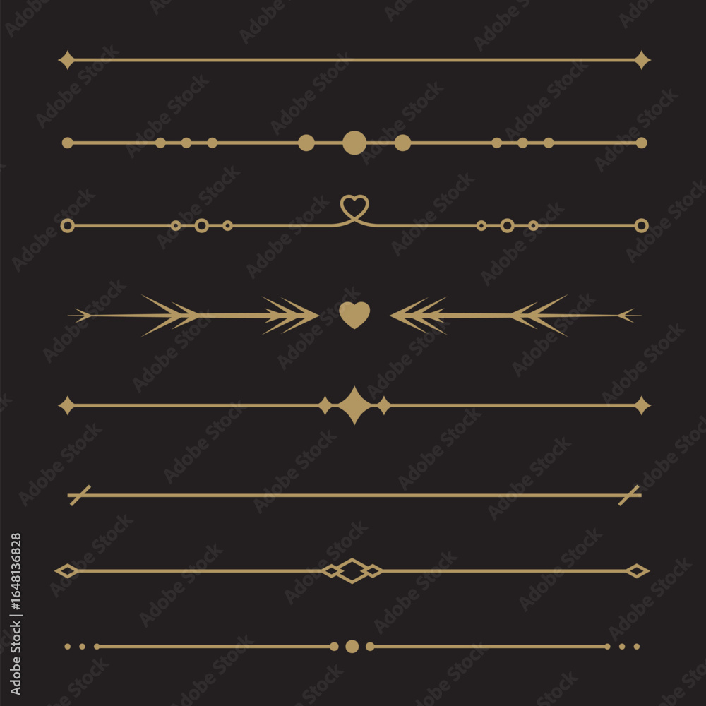 Fototapeta premium Line gold text dividers. Set of simple geometric borders. Elegant collection for menu, greeting card, invitation designs. Vector illustration on a black background