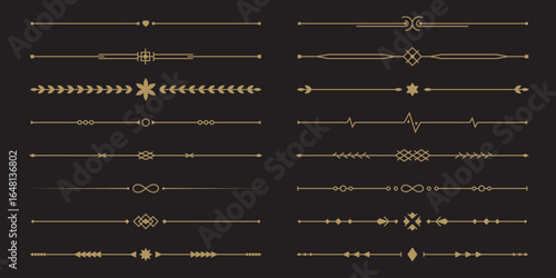 Line gold text dividers. Set of simple geometric borders. Elegant collection for menu, greeting card, diploma designs. Vector illustration isolated on a black background in flat linear style
