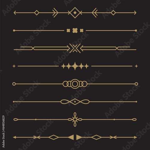 Line gold text dividers. Set of simple geometric borders. Elegant collection for menu, greeting card, diploma designs. Vector illustration isolated on a black background in flat linear style