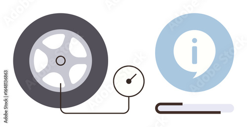 Car tire connected to pressure gauge showing inflation measurement, paired with information icon. Ideal for automotive maintenance, safety, road tips, care, efficiency, instructional use, simple flat