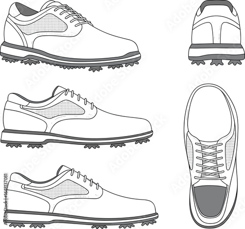 Multi-view cleated lace-up sports shoes, left right side, rear, top, angled views, technical footwear blueprint, orthographic, isolated, cad drawing flat vector illustration