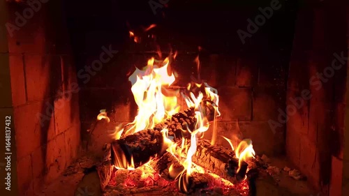 Warm cozy burning fire in a brick fireplace, close-up shot.