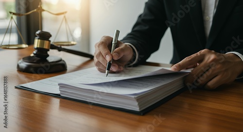 Lawyer writing legal documents with gavel and scales of justice on wooden desk in law office courtroom setting