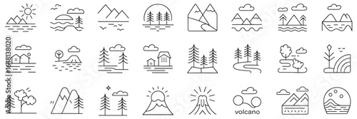 Serene landscapes line art for minimalist designs, nature icons, and travel illustrations that inspire wanderlust.