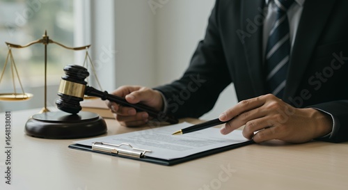 Judge holding wooden gavel with pen over legal documents and contract papers in courtroom law office setting