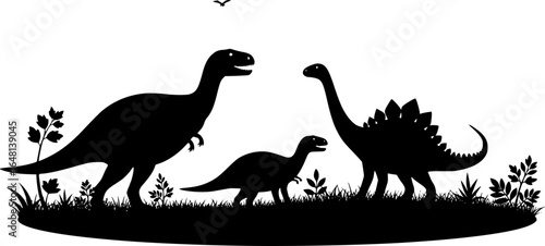 Black Dinosaur Silhouettes Walking in a Field with Plants, Vector Art