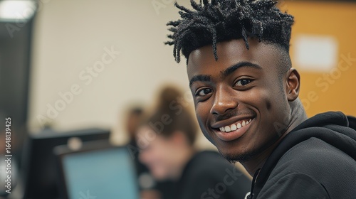 A computer lab hosts a diverse group of high school students who are working together, promoting collaboration and digital learning in a modern educational context