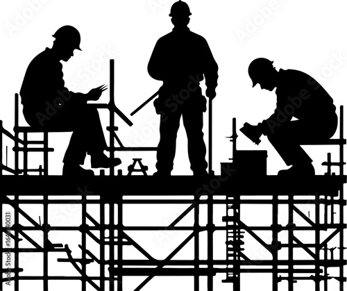 Construction workers on scaffolding silhouette building