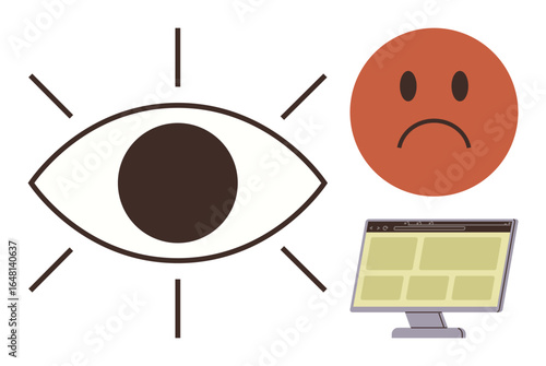 Open eye with lines, frowning face, and a computer screen representing eye strain, digital fatigue, and emotional discomfort. Ideal for health, technology, ergonomics, mental well-being visuals