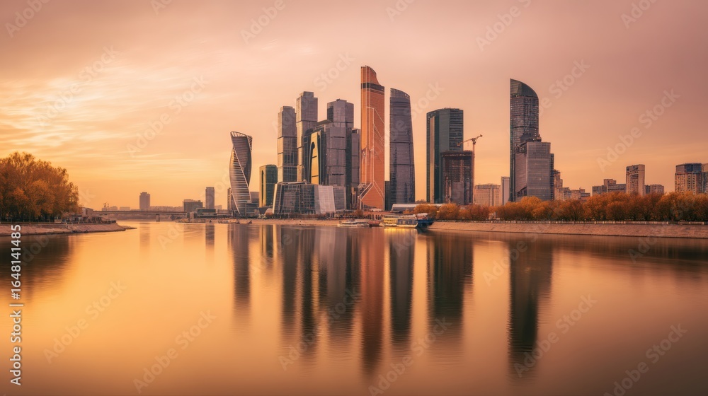Obraz premium Modern city skyline glowing at sunset, with towering glass buildings reflecting golden evening light.