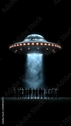 ufo rotating in the night above a large group of people.