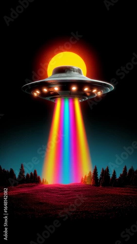 A UFO beaming down a rainbow tractor beam in the forest. 