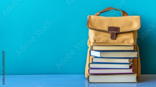 Snapshot of a completely loaded school backpack with books placed on a blue background, with extra room for text