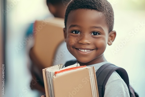 Various students gather in a school corridor, beaming and holding bright folders. Their happy countenances show their delight in getting ready for the upcoming activity