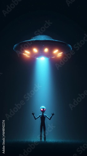 An alien standing below it's UFO beaming down energy.