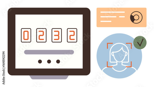 Computer monitor with numeric code, biometric face scanning, and ID card graphic. Ideal for security, authentication, digital access, privacy, technology data protection and compliance. Flat