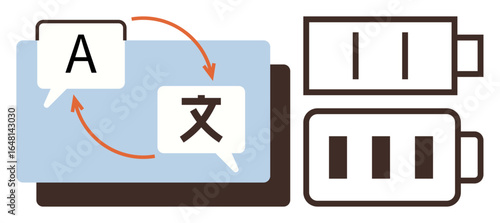 Speech bubbles with language symbols highlight translation while battery icons reflect charging levels. Ideal for communication, language learning, technology, energy management, apps, global