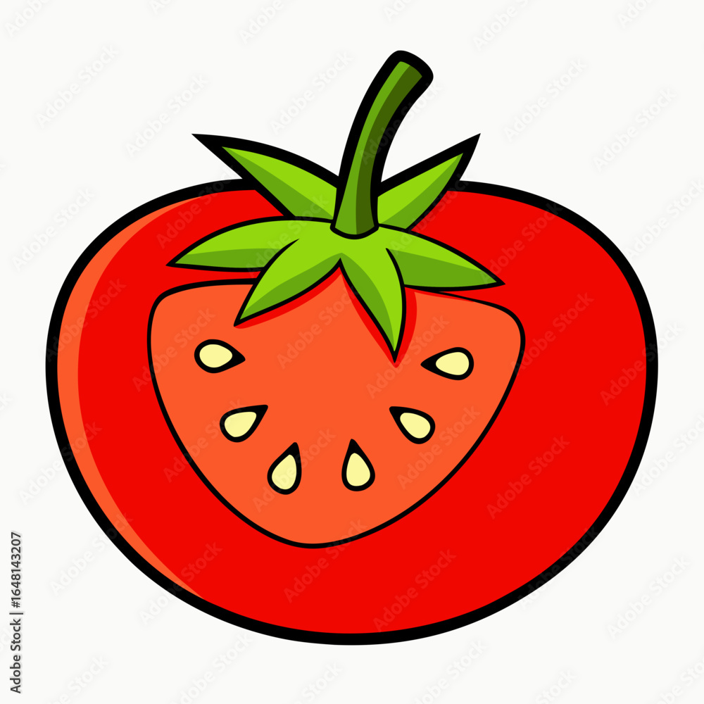 Obraz premium Tomato vector illustration with fresh strawberries, red ripe fruit with a green leaf on a white background