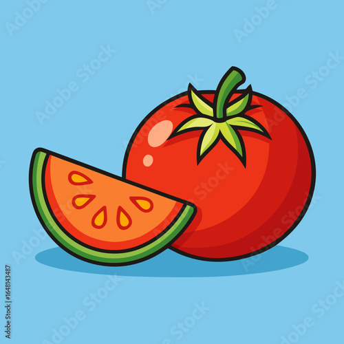 Vector illustration of a fresh, juicy red watermelon slice, a ripe tomato slice with water drops, and a sweet, green melon slice perfect for a healthy summer dessert