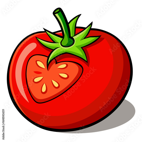 Vector illustration of a fresh, ripe red tomato with a green leaf isolated on a white background