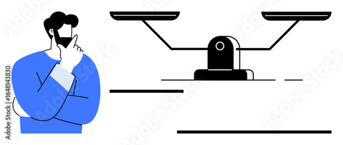 Thoughtful man with hand on chin facing a balance scale, symbolizing decision-making, fairness, and comparison. Ideal for themes thumbs up justice, equality, morality, options, life choices legal