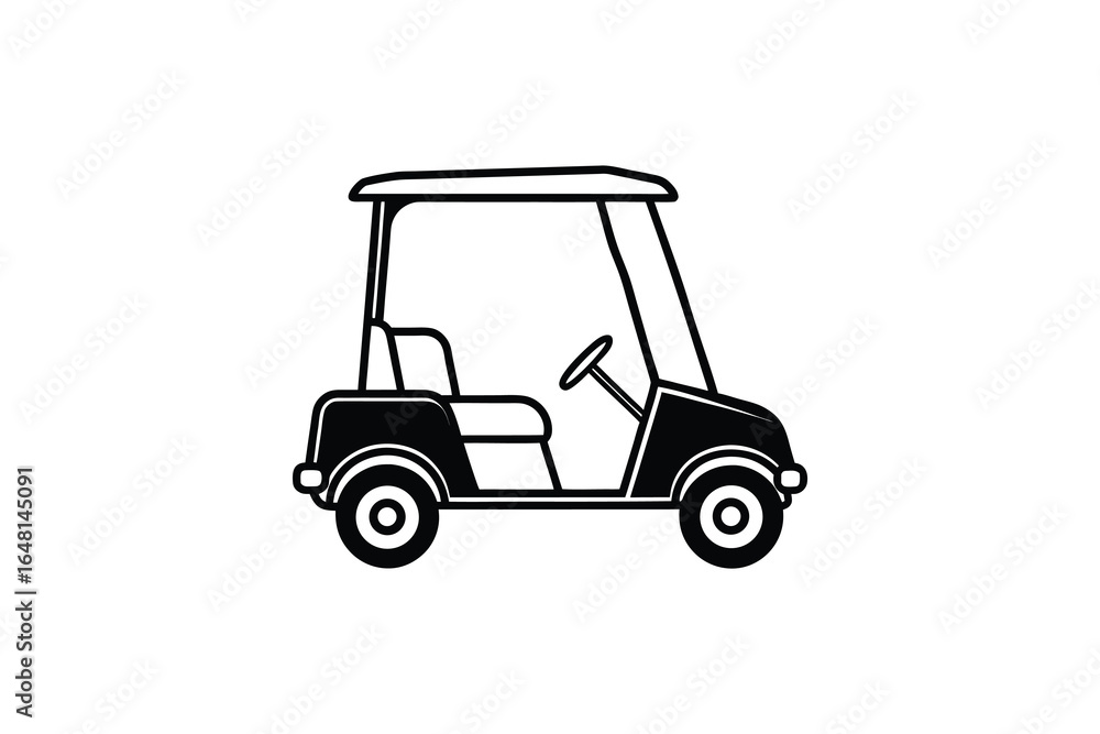 Obraz premium A black and white illustration of a golf cart with a roof and seats silhouette