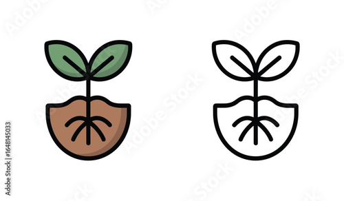 Illustration of a Seedling with Leaves in Brown Soil, Presented in Color and Black and White