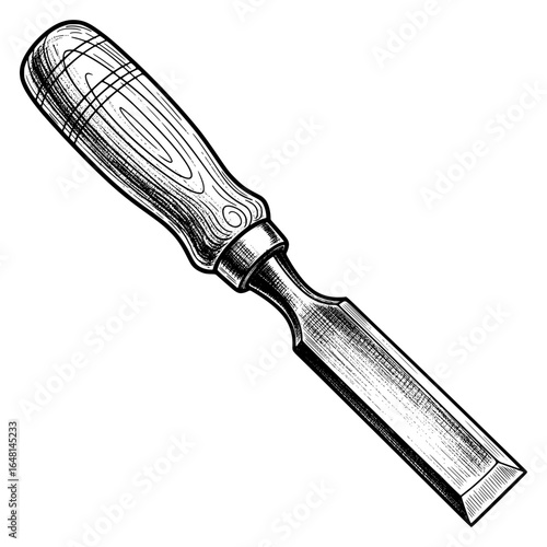 Wood chisel with vintage sketch shading, hand-drawn style