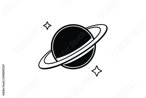 A black planet with a ring and stars in space silhouette