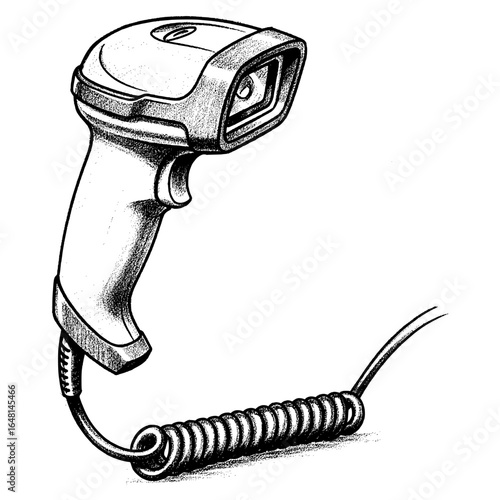 Shaded handheld barcode scanner with cable, hand-drawn style