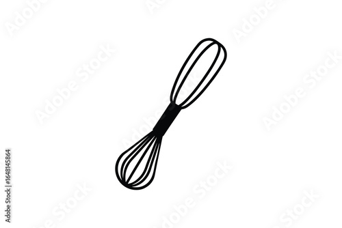 A black wire whisk with a long handle on a white background silhouette