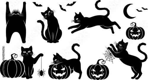 Black Cat Silhouettes in Various Poses, Halloween-Themed Vector Art