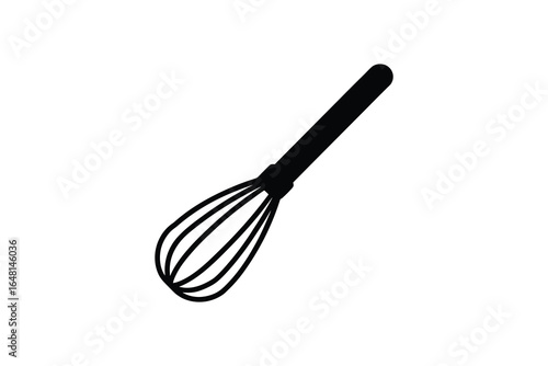 A black wire whisk with a long handle on a white background silhouette
