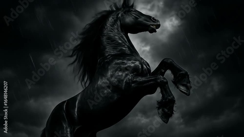 Majestic Black Horse Rearing in Stormy Weather