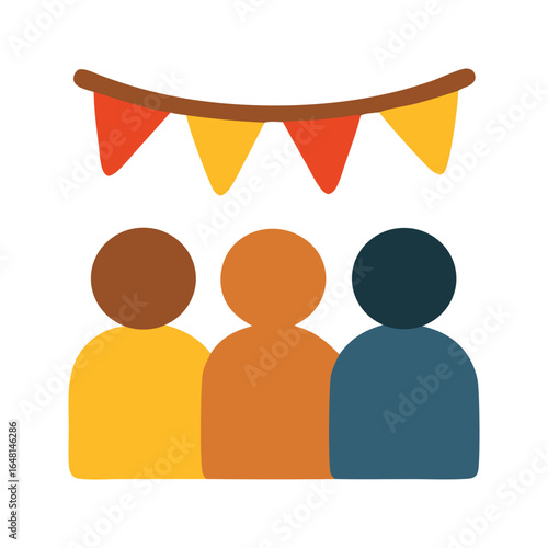 Three people at a party under festive bunting. Suitable for event promotions, social gatherings, celebratory occasions, and holidaythemed designs.
